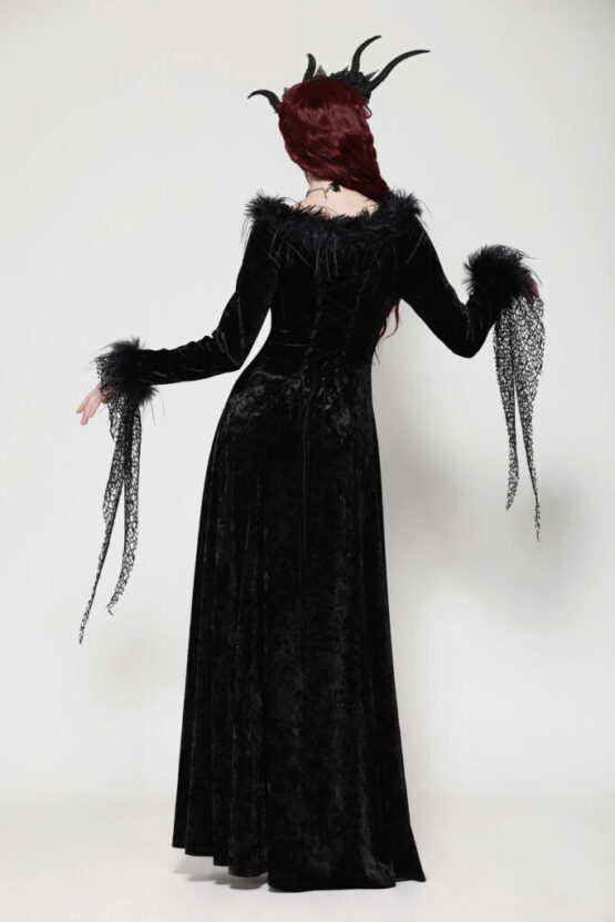 DW1019 - Black velvet long dress with feather trim - Image 2