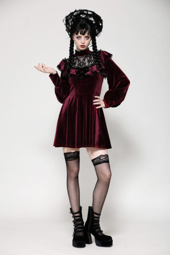 DW1025 - Red lace velvet dress - Image 3