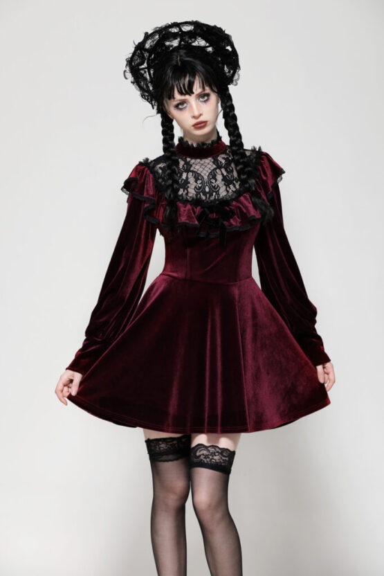 DW1025 - Red lace velvet dress - Image 5