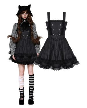 DW1026 - Black striped double breasted ruffle dress