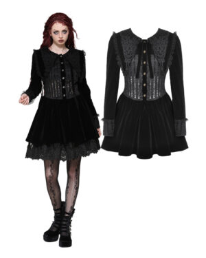 DW1027 - Embroidered black lapel velvet dress