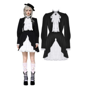 DW1054 - Gothic black and white contrast puff sleeve dress