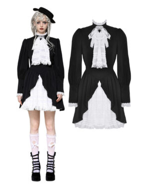 DW1054 - Gothic black and white contrast puff sleeve dress