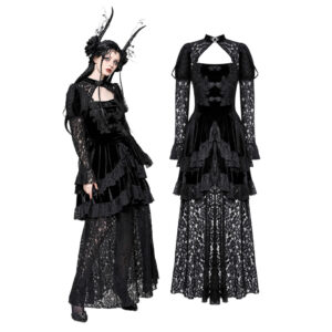 DW1055 - Gothic black ruffle overlay lace dress