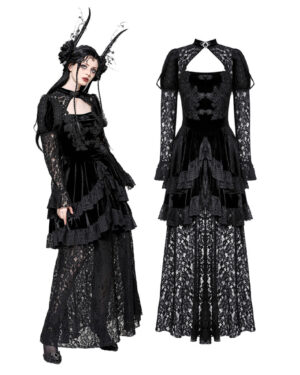DW1055 - Gothic black ruffle overlay lace dress