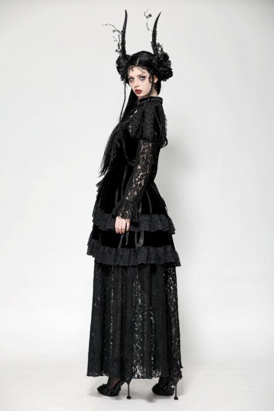 DW1055 - Gothic black ruffle overlay lace dress - Image 5