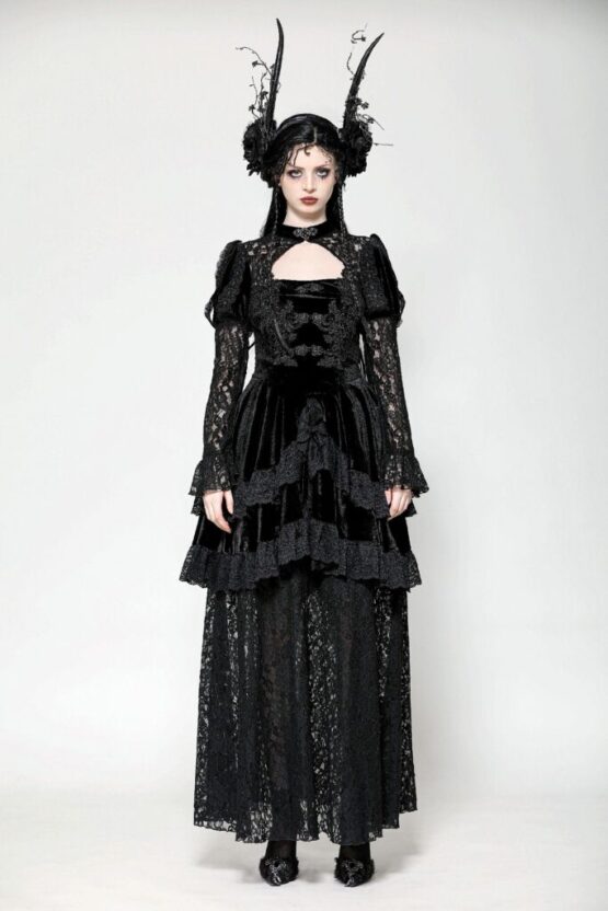 DW1055 - Gothic black ruffle overlay lace dress - Image 4