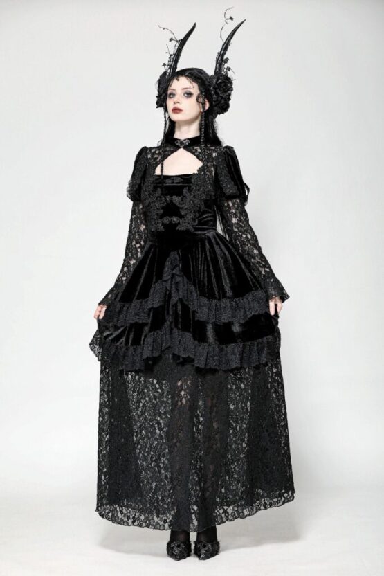 DW1055 - Gothic black ruffle overlay lace dress - Image 3