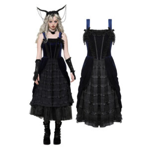 DW1065 - Victorian ruffle velvet blue dress