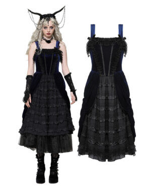 DW1065 - Victorian ruffle velvet blue dress