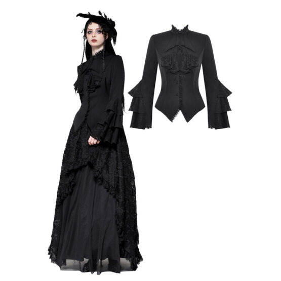 IW121 - Bell sleeve ruffle noble top-Black