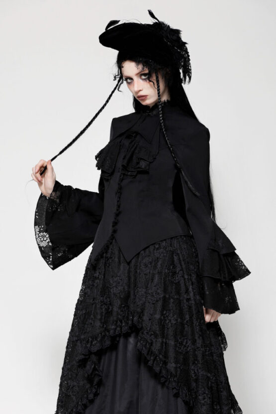 IW121 - Bell sleeve ruffle noble top-Black - Image 5