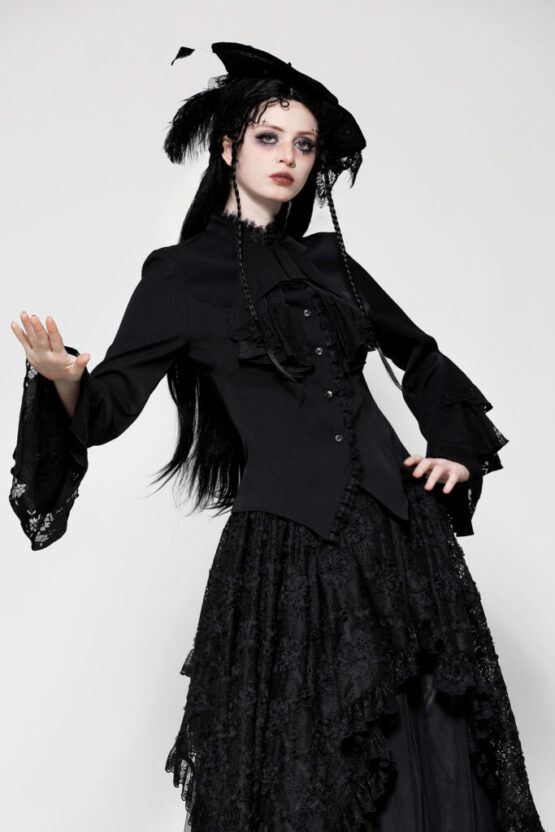 IW121 - Bell sleeve ruffle noble top-Black - Image 4