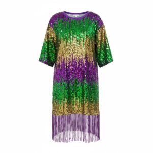 3884 - Mardi Gras sequin tri color dress with fringe