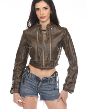 2665 - Brown leather moto jacket with zipper