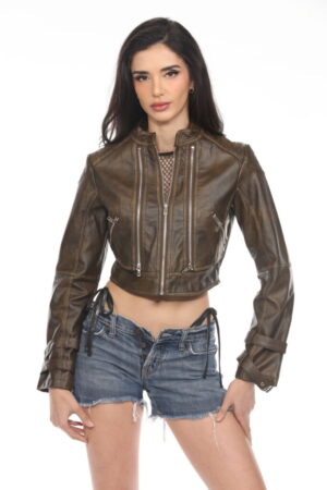 2665 - Brown leather moto jacket with zipper