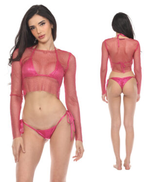 8504 - Rhinestone long sleeve mesh top-Fuchsia