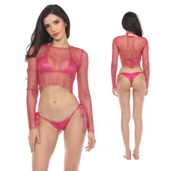 8504 - Rhinestone long sleeve mesh top-Fuchsia