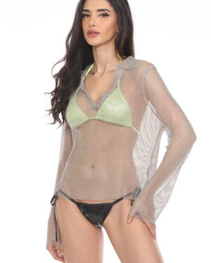 8506 - Rhinestone long sleeve v neck top-Grey