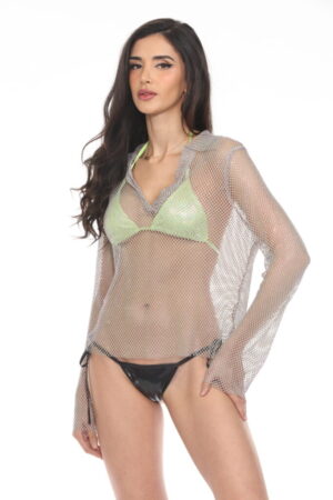 8506 - Rhinestone long sleeve v neck top-Grey