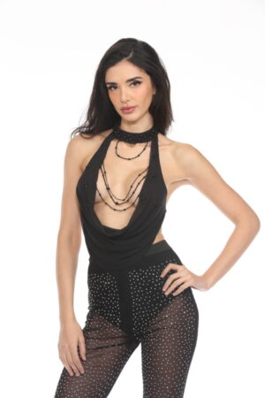 94092 - Pearl high neck halter top-Black