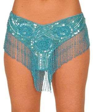 2466 - Rose Beaded Belt - Turq w/fringes