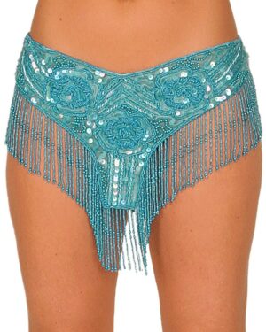 2466 - Rose Beaded Belt - Turq w/fringes