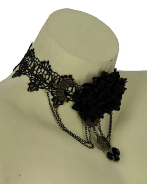 68670 - Black rose lace choker with swag chain..