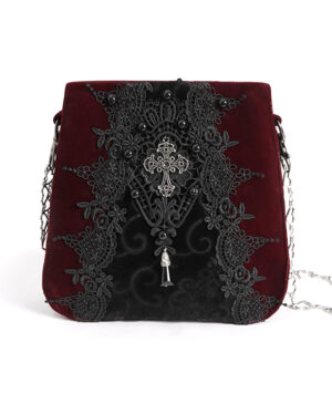 AS18002 - Burgundy Laced velvet handbag with heart chain ..
