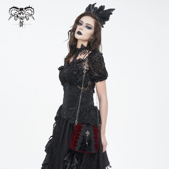 AS18002 - Burgundy Laced velvet handbag with heart chain .. - Image 2