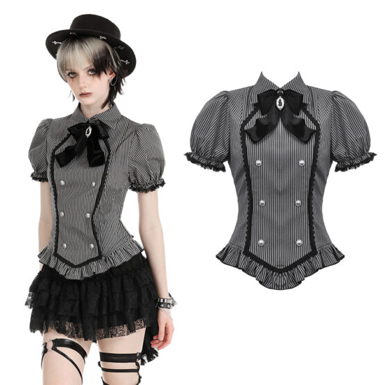 IW111 - Academic style gray pin striped double breasted blouse-M