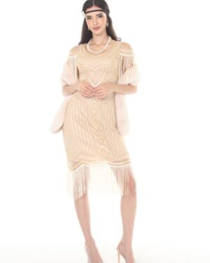 2526 - Beige flapper dress with cutout sleeveless fringe-2XL