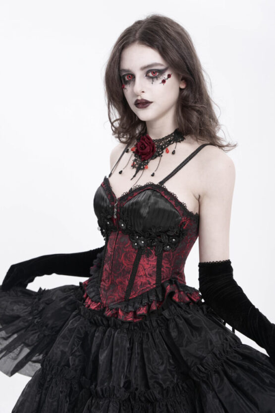 CST00802 - Rose pattern pleated corset-red-M - Image 3
