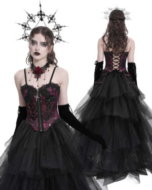 ECST00802 - Rose print lace caged corset-Red