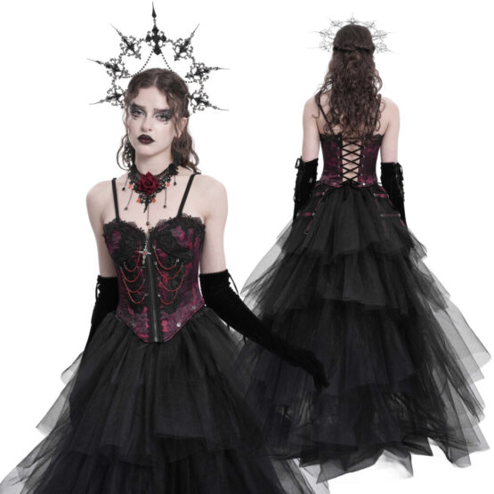 ECST00802 - Rose print lace caged corset-Red-M