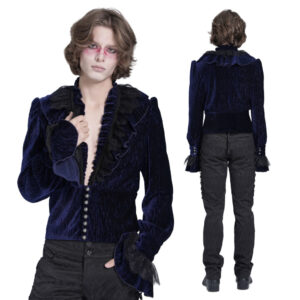 SHT13302 - Blue velvet ruffle pirate shirt
