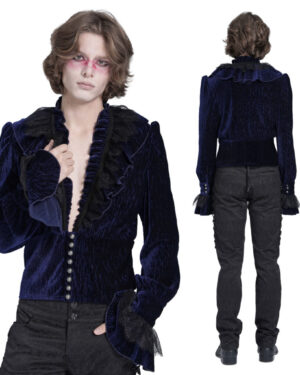 SHT13302 - Blue velvet ruffle pirate shirt