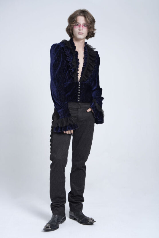 SHT13302 - Blue velvet ruffle pirate shirt - Image 4