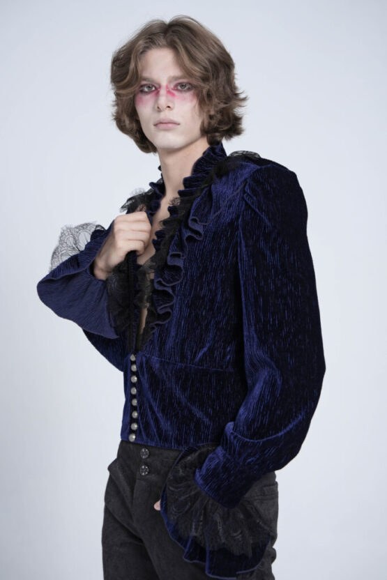 SHT13302 - Blue velvet ruffle pirate shirt - Image 5