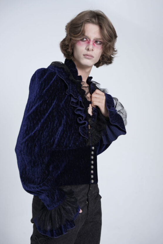 SHT13302 - Blue velvet ruffle pirate shirt - Image 3