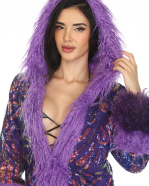 2573 - Sequin Faux Fur Coat - Purple Multi