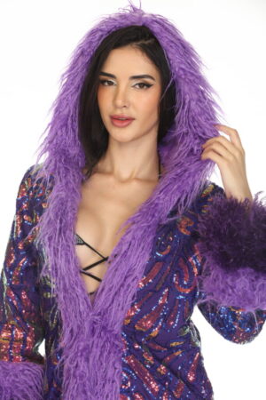 2573 - Sequin Faux Fur Coat - Purple Multi