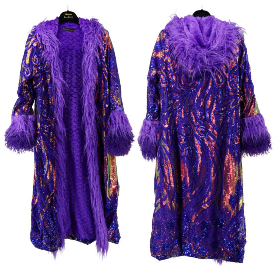 2573 - Sequin Faux Fur Coat - Purple Multi