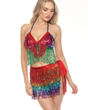 3051RNB - Red, blue, green fringe bra top-Rainbow-OS