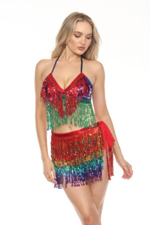 3051RNB - Red, blue, green fringe bra top-Rainbow-OS