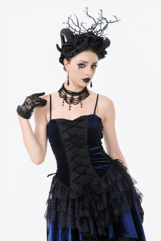 DW1113 - Royal indigo velvet & lace gothic dress - Image 2