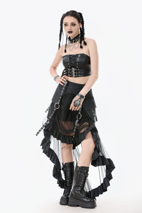 KW385 - Metal studded punk skirt with metal mesh tail and pockets - Image 6