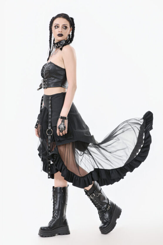 KW385 - Metal studded punk skirt with metal mesh tail and pockets - Image 5