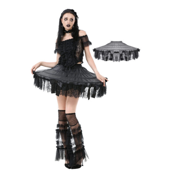 KW399 - Black satin lace petticoat with layered boning and bow details