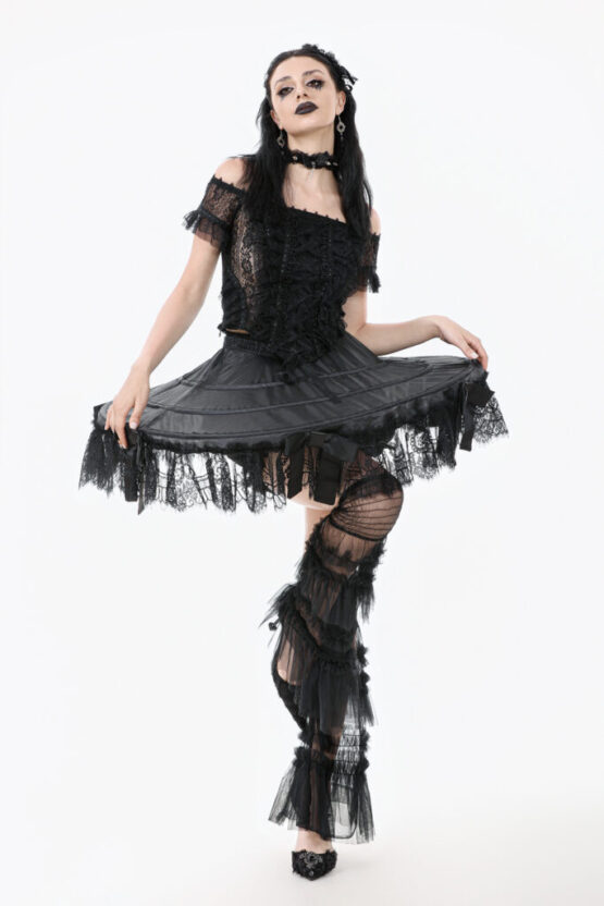 KW399 - Black satin lace petticoat with layered boning and bow details - Image 4